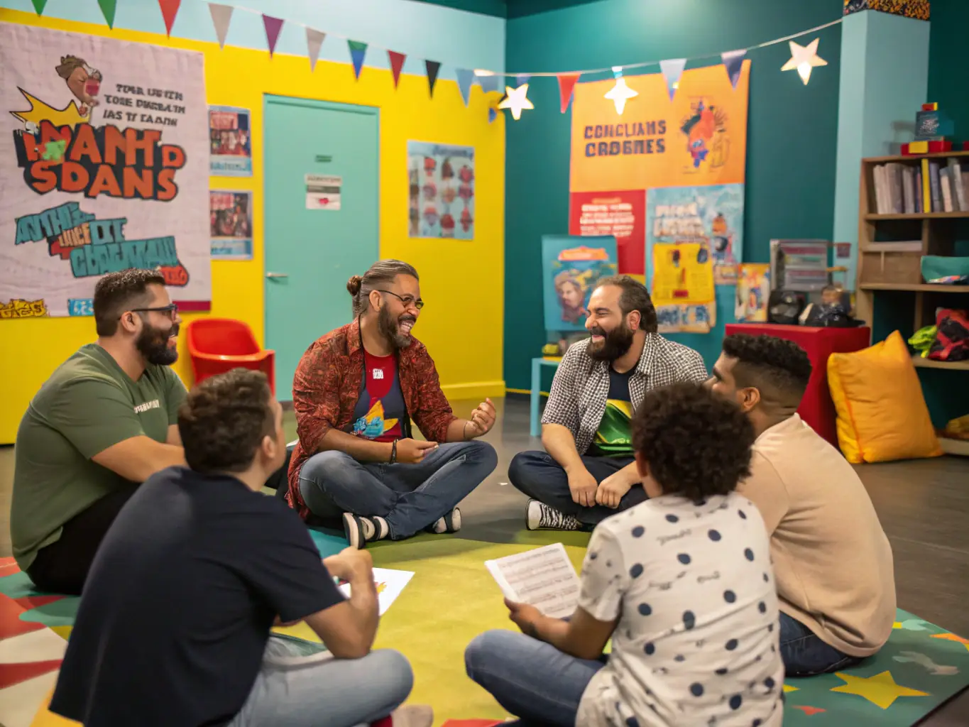 Single fathers are connecting and sharing experiences at a peer networking event, fostering a supportive community and building lasting friendships. The atmosphere is relaxed and welcoming, encouraging open communication and mutual support.