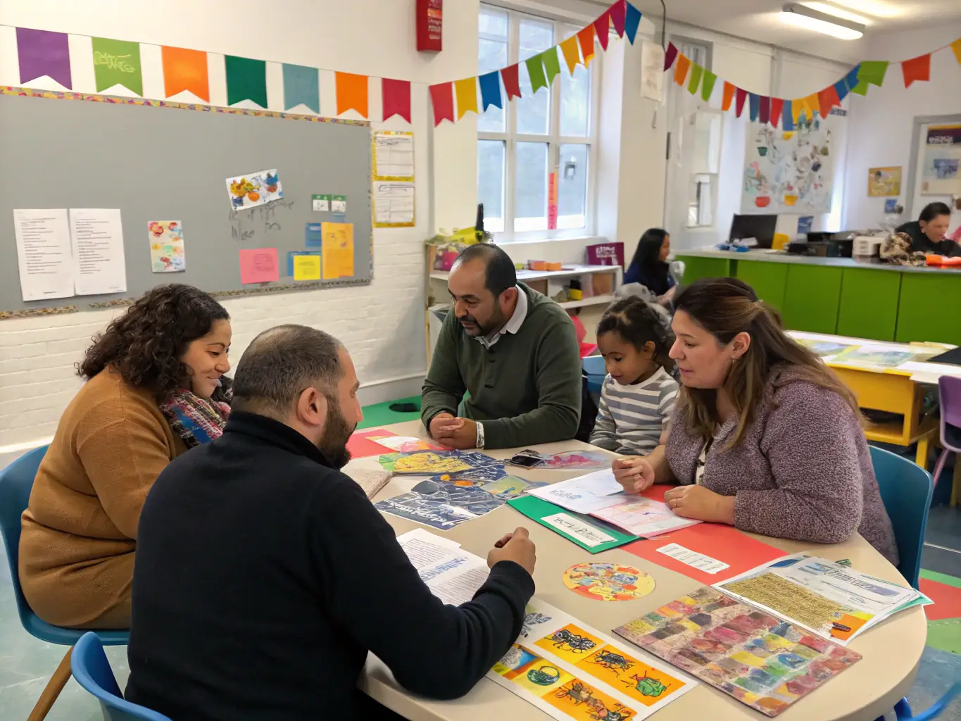 A group of single fathers are participating in a parenting workshop, learning practical skills and strategies for effective communication and discipline. The setting is a community center, fostering a sense of camaraderie and shared learning.