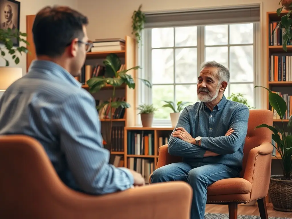 A single father is attending a mentorship session, receiving guidance and support from a mentor in a bright, modern office setting. The atmosphere is encouraging and positive, reflecting the supportive nature of the program.